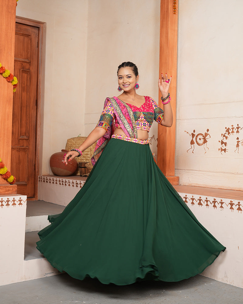 Designer Embroidered Green Color Georgette Navratri Lehenga Choli