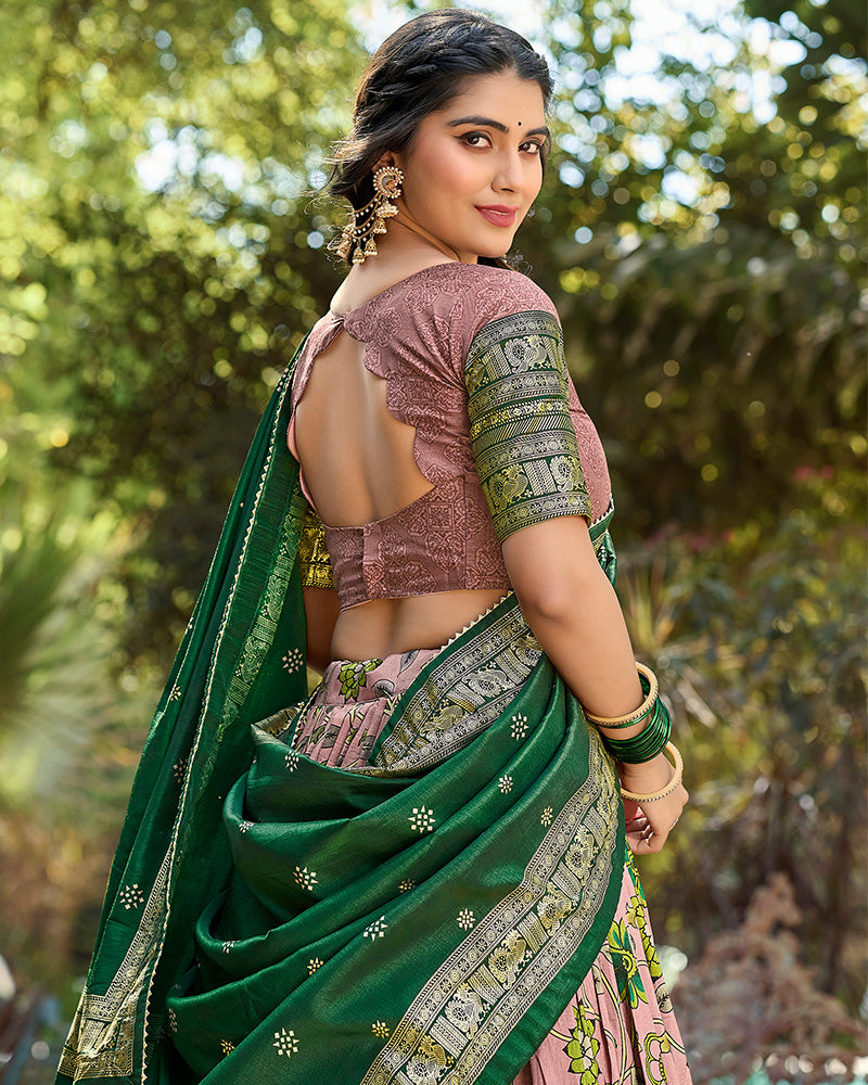 Onion Color Tussar Silk Kalamkari Printed Navratri Lehenga Choli