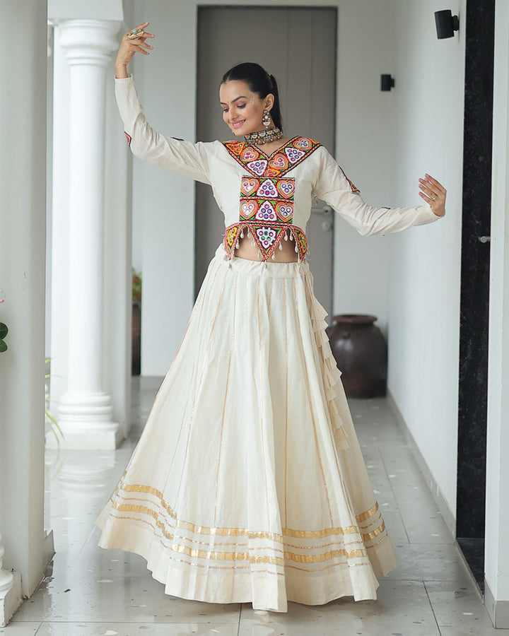 Elegant Off-White Kora Cotton Mirror Work Navratri Lehenga Choli