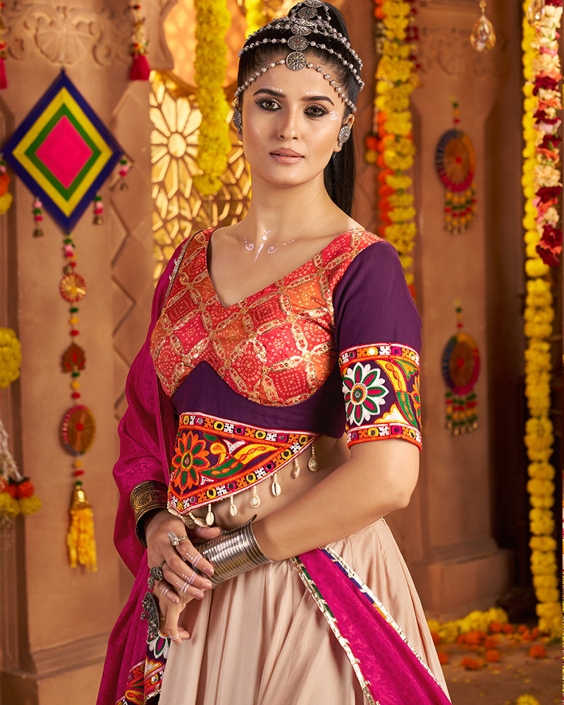 Beige and Maroon Navratri Lehenga Choli With Stunning Embroidery