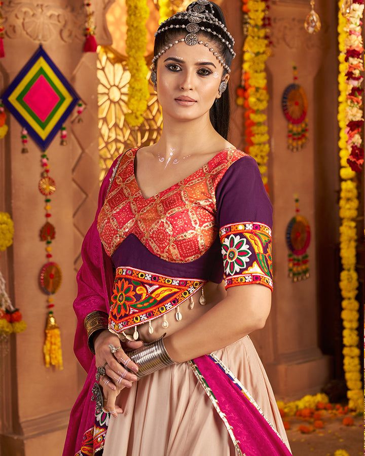 Beige and Maroon Navratri Lehenga Choli With Stunning Embroidery