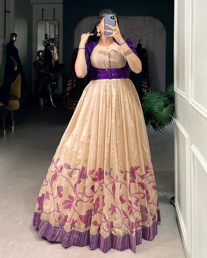 Purple Color Green Silk Printed Gown With koti