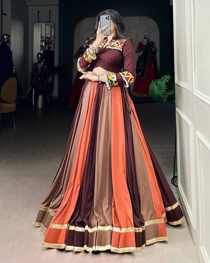 Multi Brown Color Pure Rayon Navratri Lehenga Choli