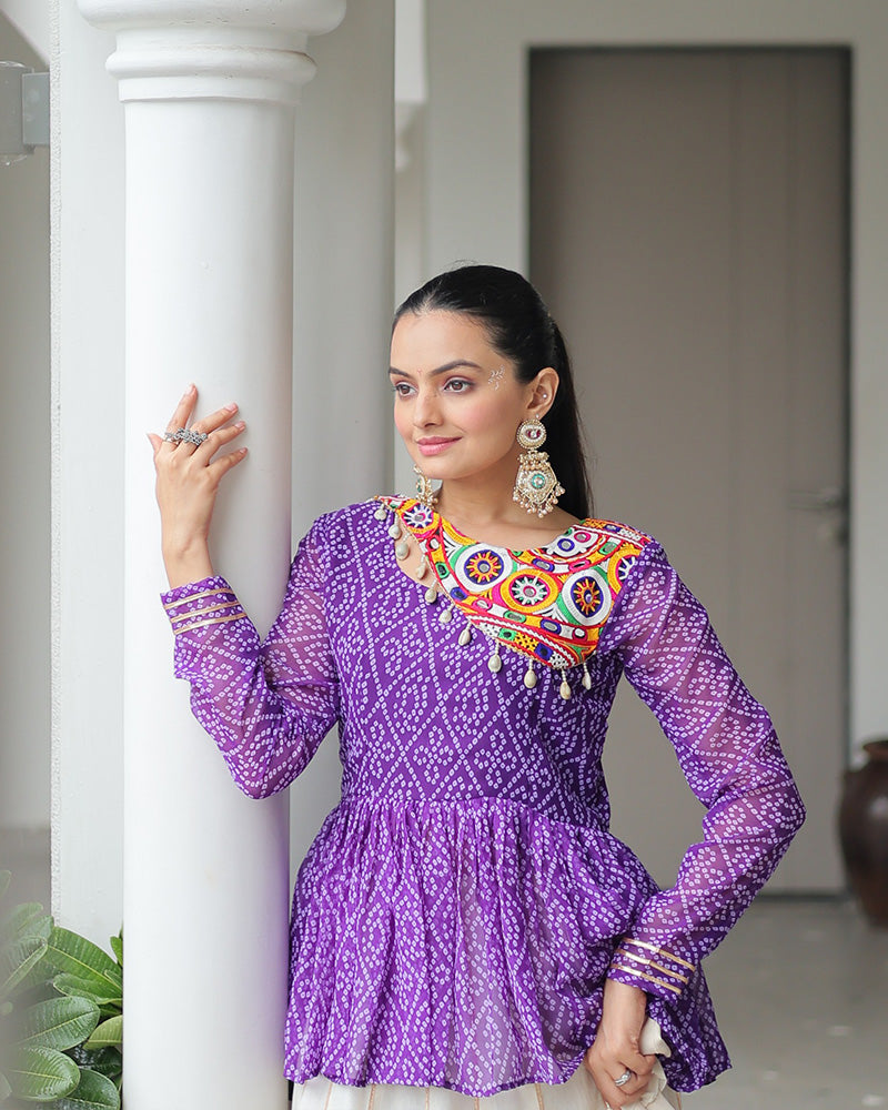 Purple Bandhani Style Peplum Choli With Kora Cotton Lehenga