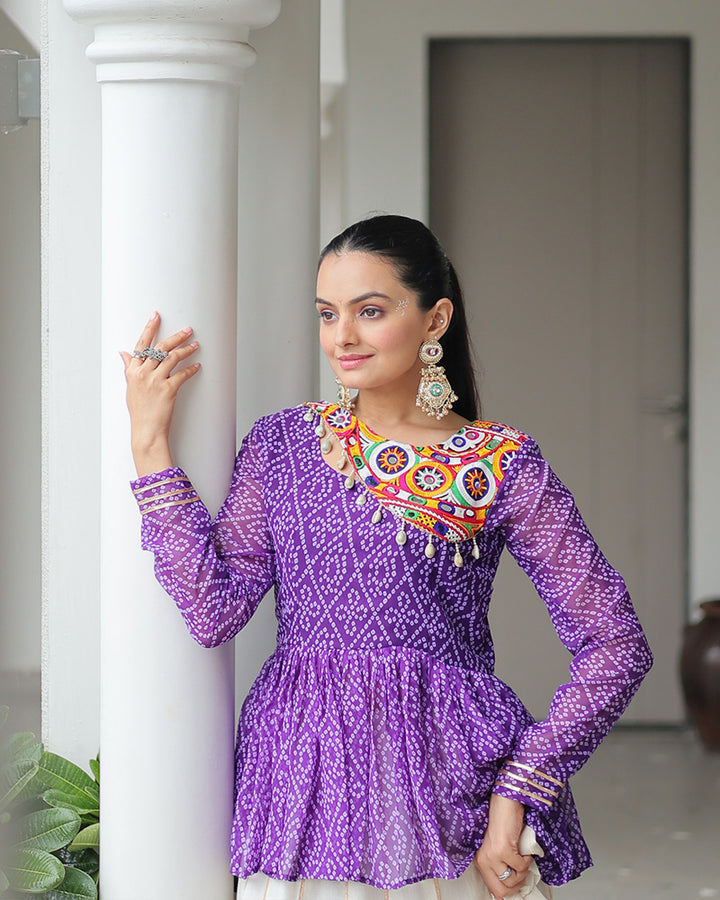 Purple Bandhani Style Peplum Choli With Kora Cotton Lehenga
