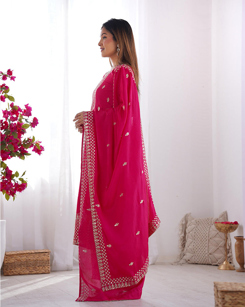 Rani Pink Color Chinon Silk Three Piece Kurti Suit