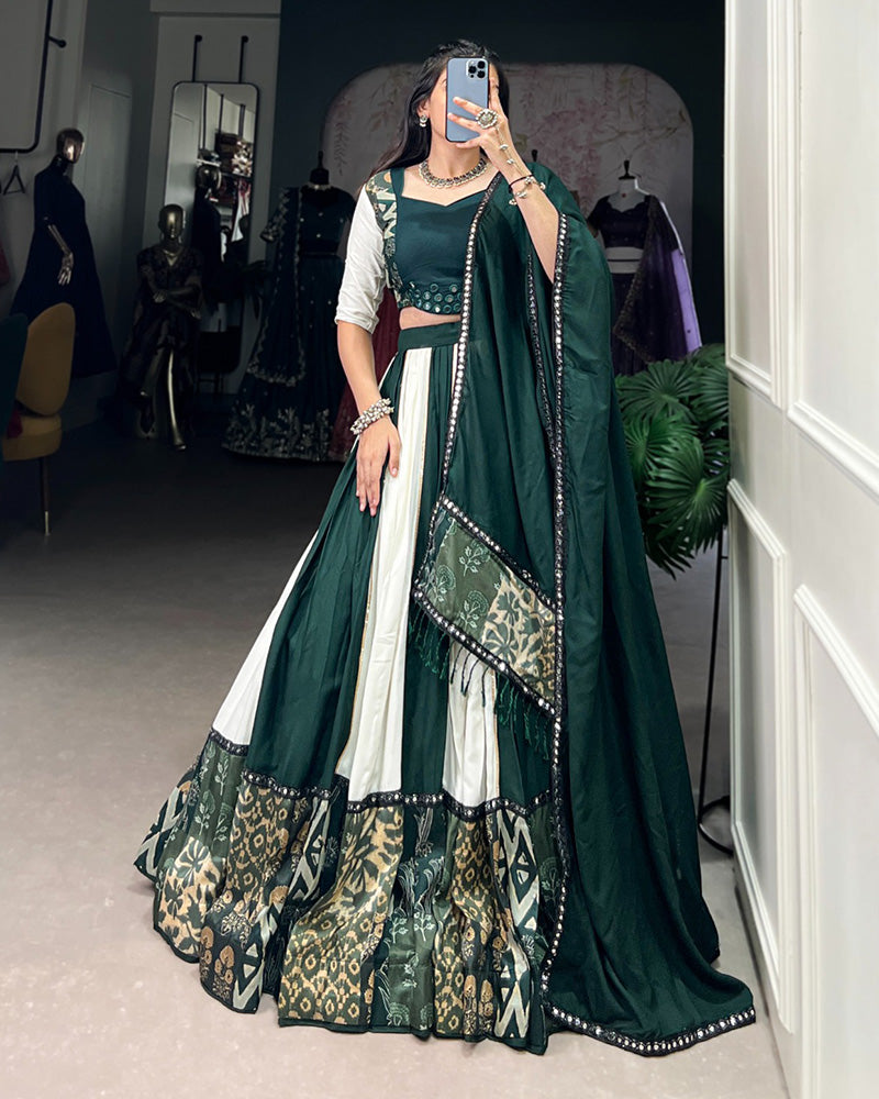 White And Green Color Rayon Navratri Lehenga Choli