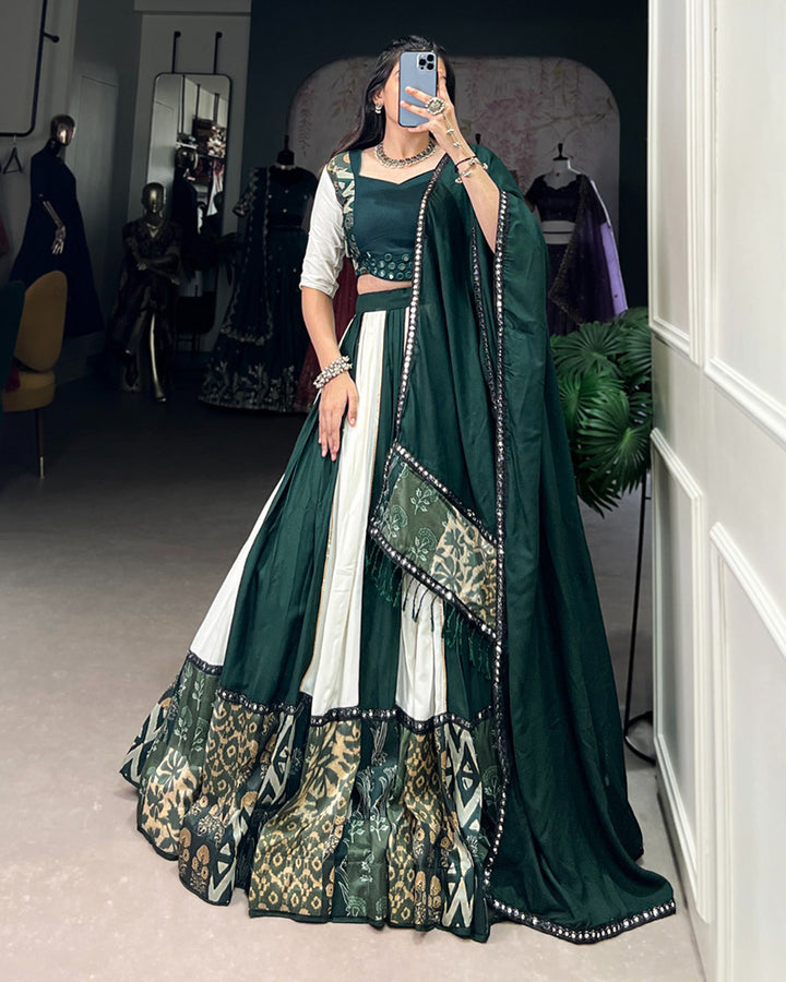 White And Green Color Rayon Navratri Lehenga Choli