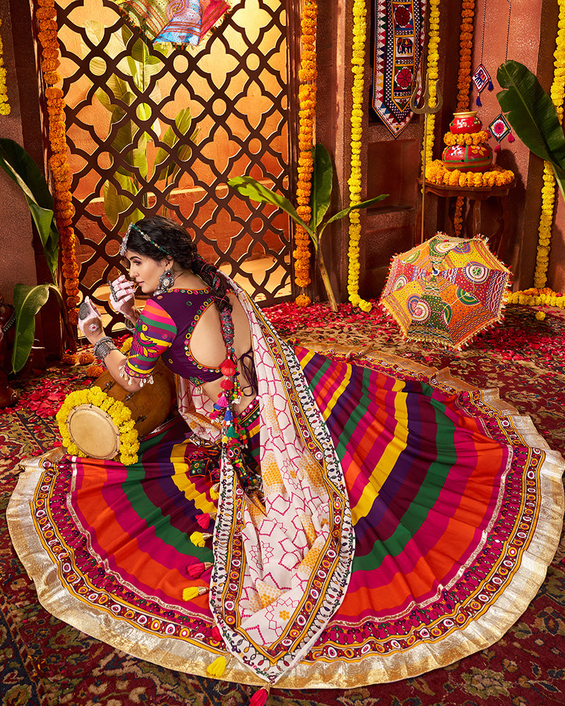 Vibrant Striped Maslin Cotton Rainbow Navratri Chaniya Choli