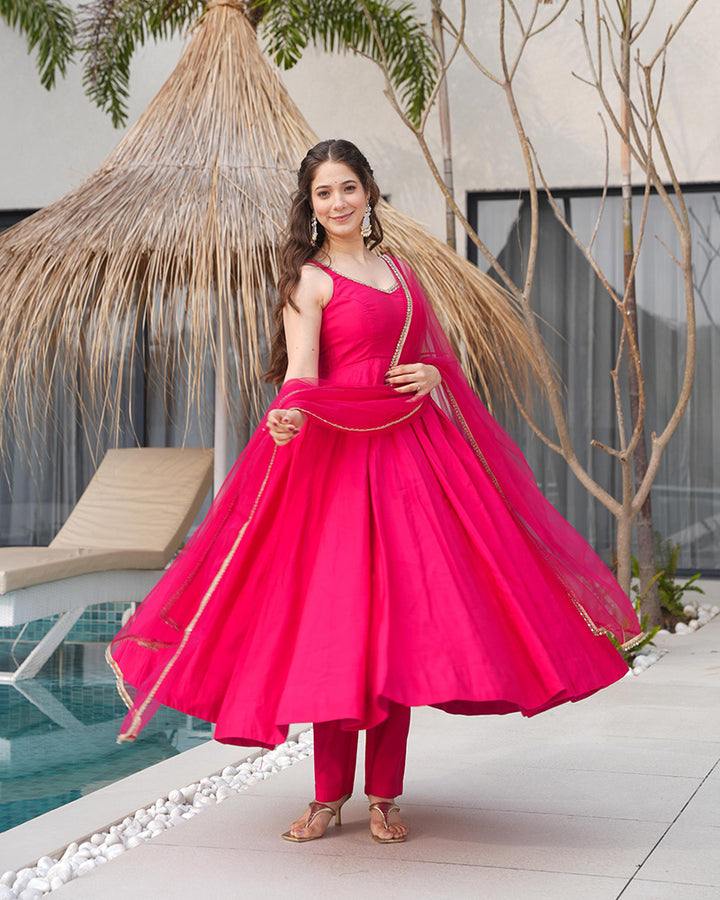 Rani Pink Color Chanderi Pure Roman Silk Anarkali Suit