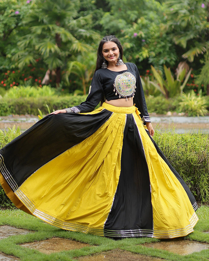 Yellow And Black Color Rayon And Cotton Navratri Lehenga Choli