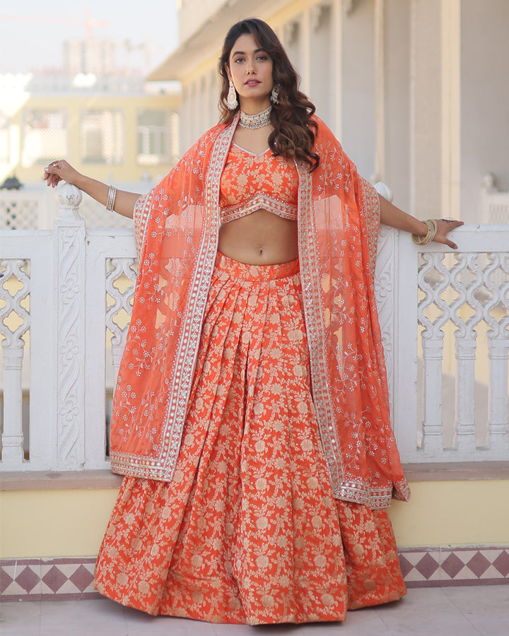 Orange Color Pure Viscose Jacquard Lehenga Choli