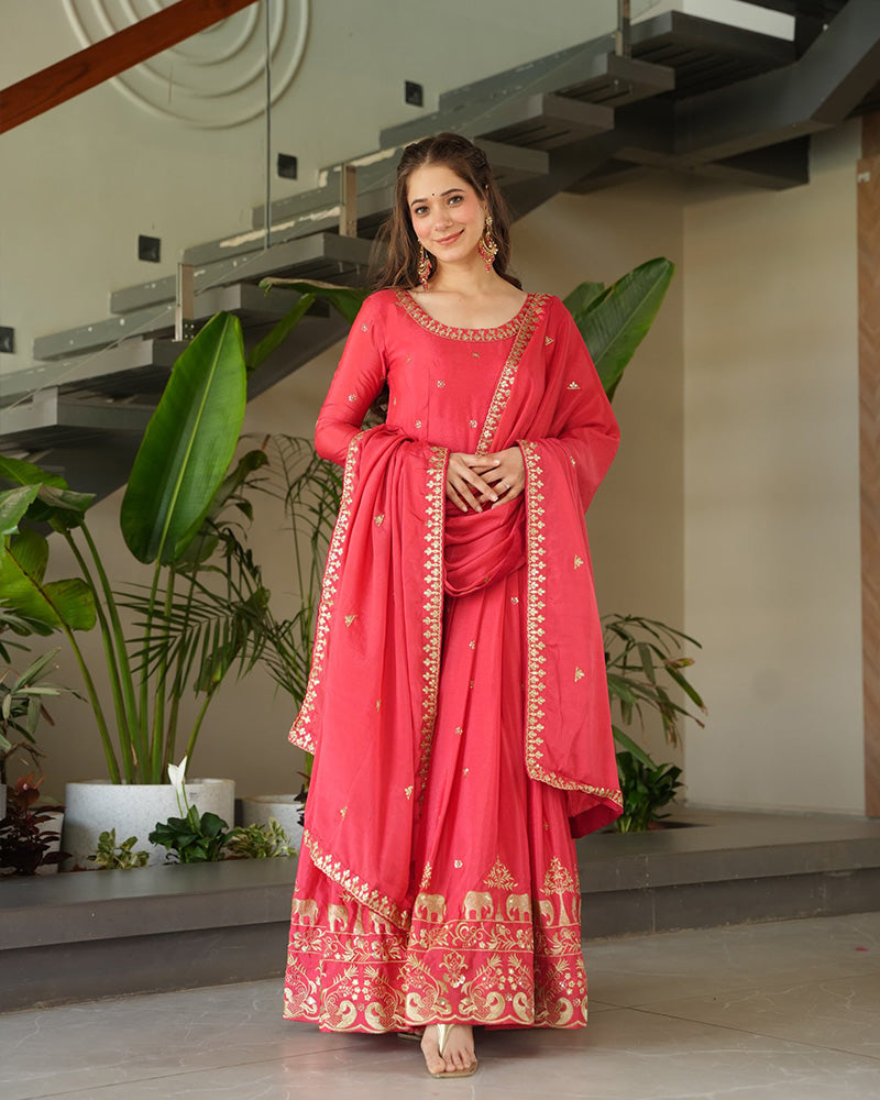 Peach Color Chinon Silk Sequins Embroidered Gown