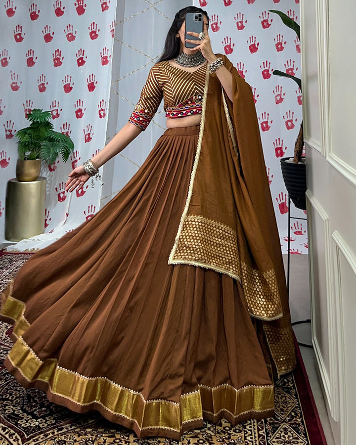 Brown Color Pure Chanderi Navratri Lehenga Choli