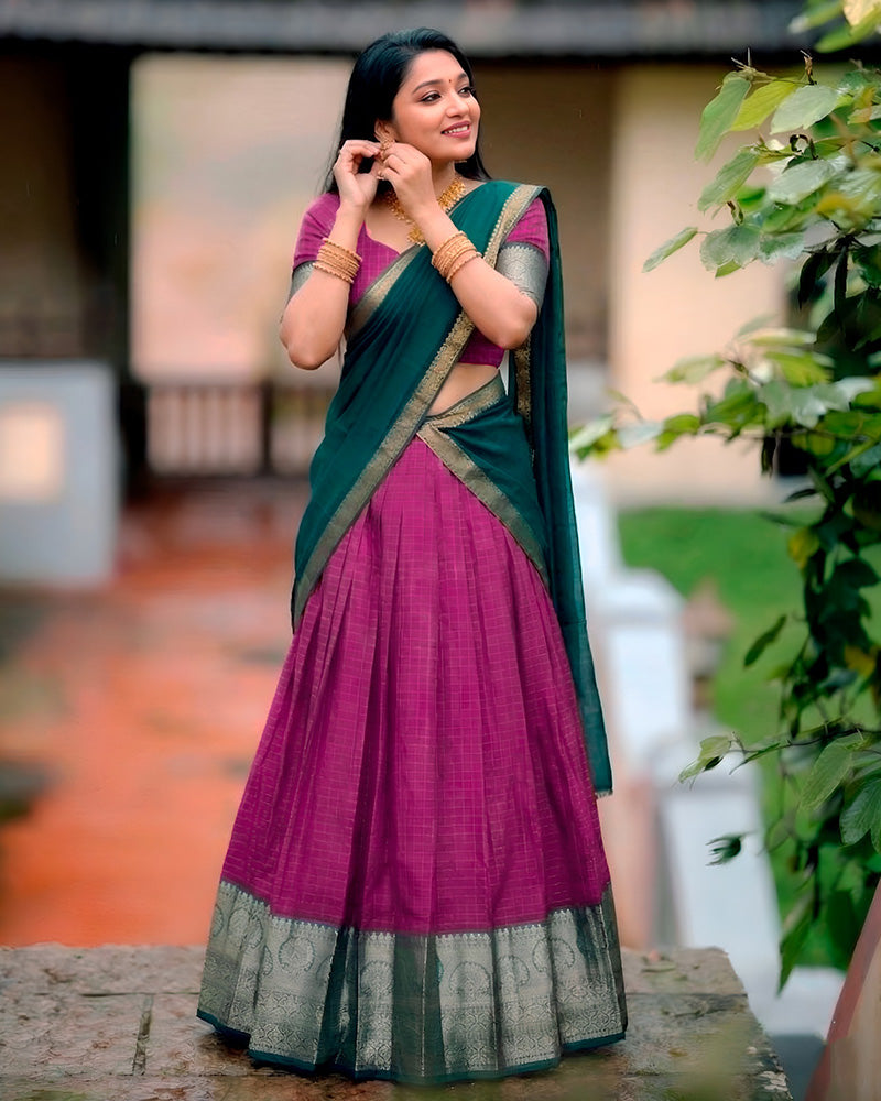 Pink Color Dola Chex Zari Weaving Half Saree