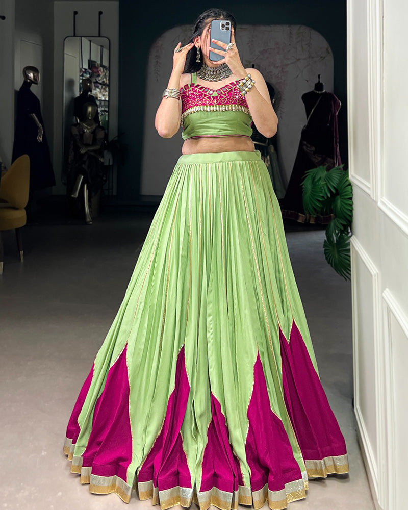 Designer Parrot Green & Magenta Mirror Work Lehenga Choli