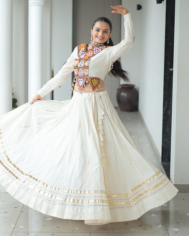 Elegant Off-White Kora Cotton Mirror Work Navratri Lehenga Choli