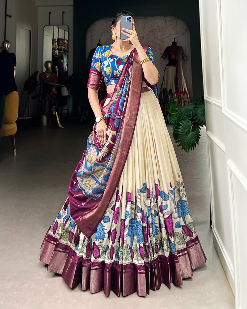 Off-White Color Jacquard Dola Silk Printed Half Saree