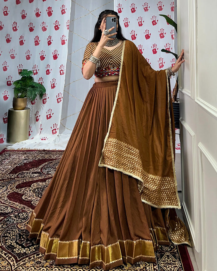 Brown Color Pure Chanderi Navratri Lehenga Choli