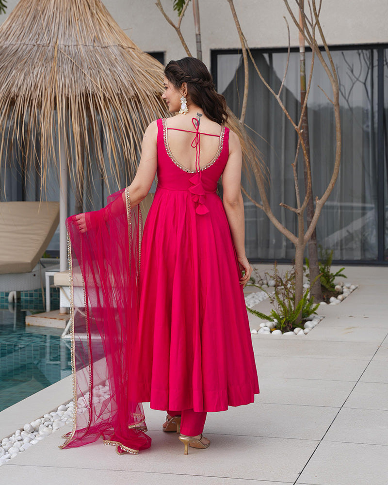 Rani Pink Color Chanderi Pure Roman Silk Anarkali Suit