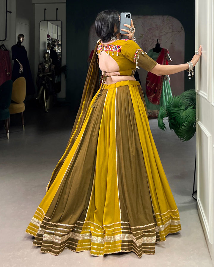 Mustard And Mehndi Color Rayon Navratri Lehenga Choli