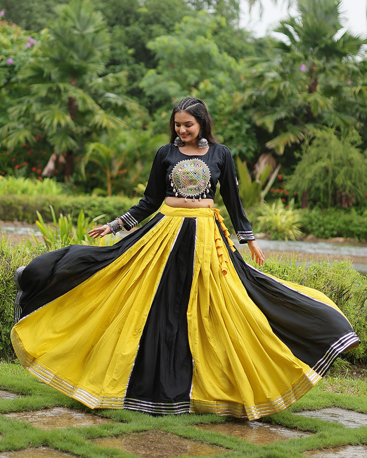 Yellow And Black Color Rayon And Cotton Navratri Lehenga Choli