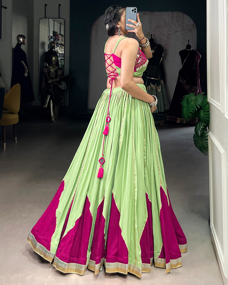 Designer Parrot Green & Magenta Mirror Work Lehenga Choli