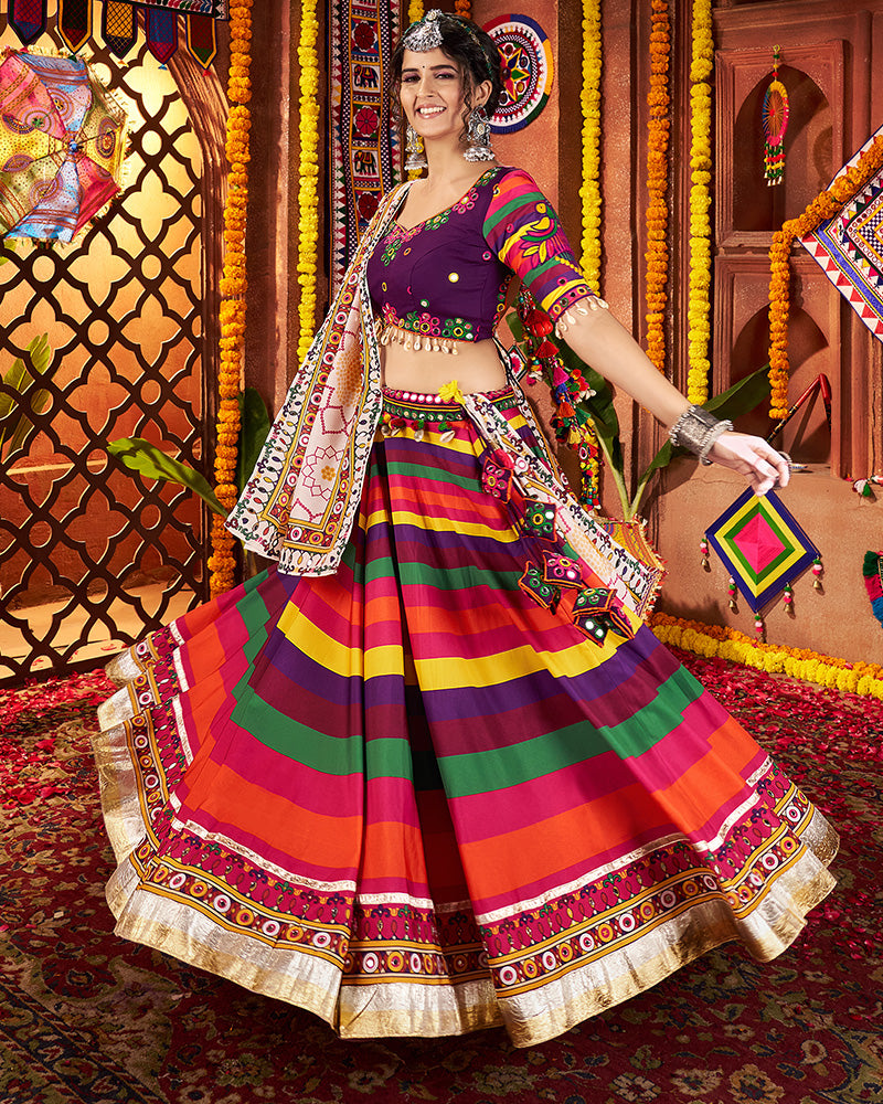 Vibrant Striped Maslin Cotton Rainbow Navratri Chaniya Choli