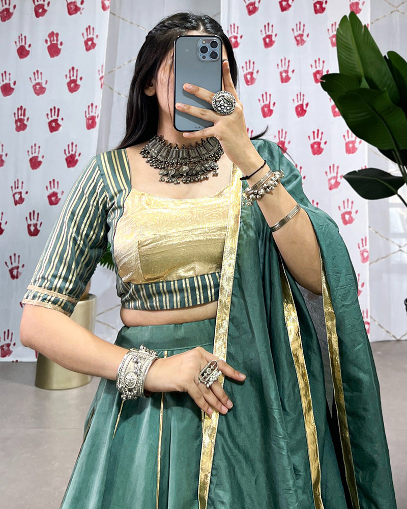 Pista Green Color Pure Chanderi Navratri Lehenga Choli