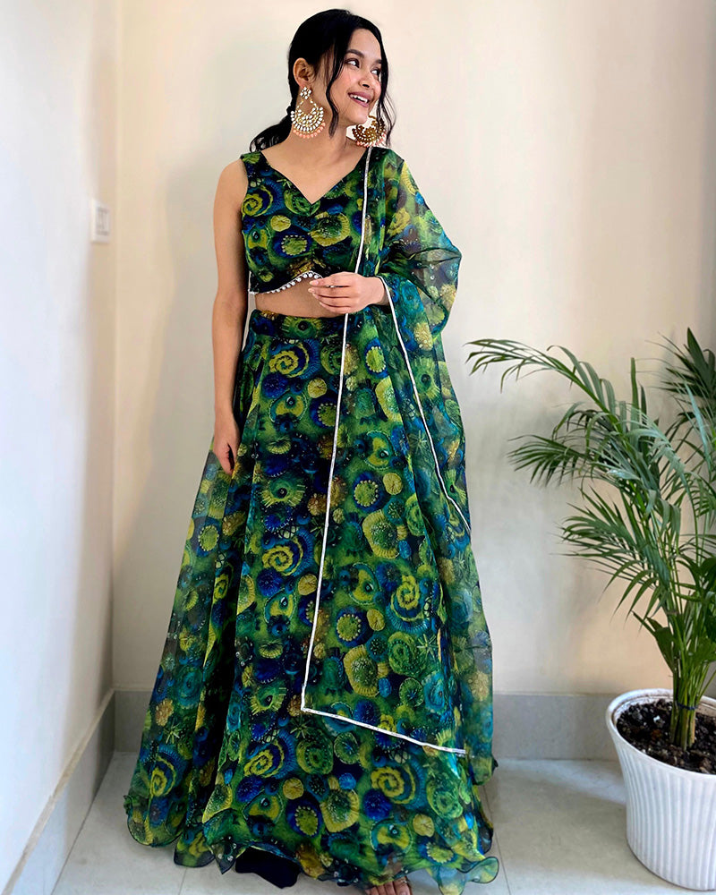 Yellow And Green Color Pure Organza Full Stitched Lehenga Choli