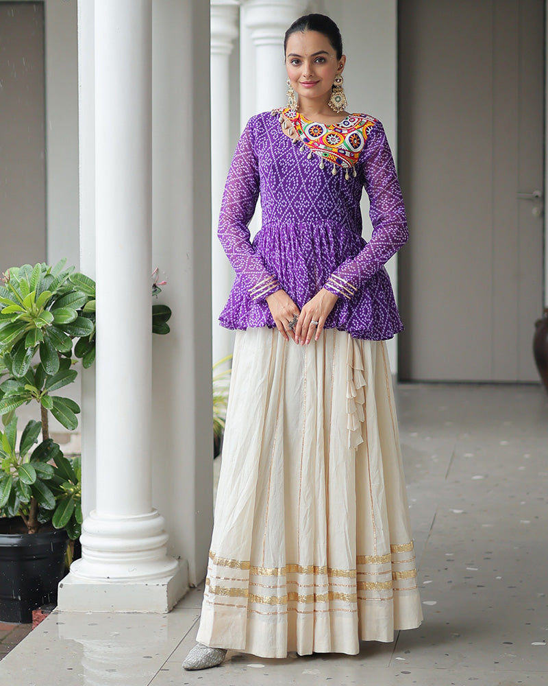 Purple Bandhani Style Peplum Choli With Kora Cotton Lehenga