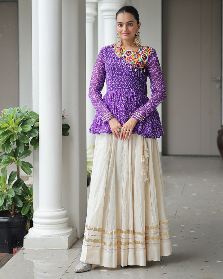 Purple Bandhani Style Peplum Choli With Kora Cotton Lehenga