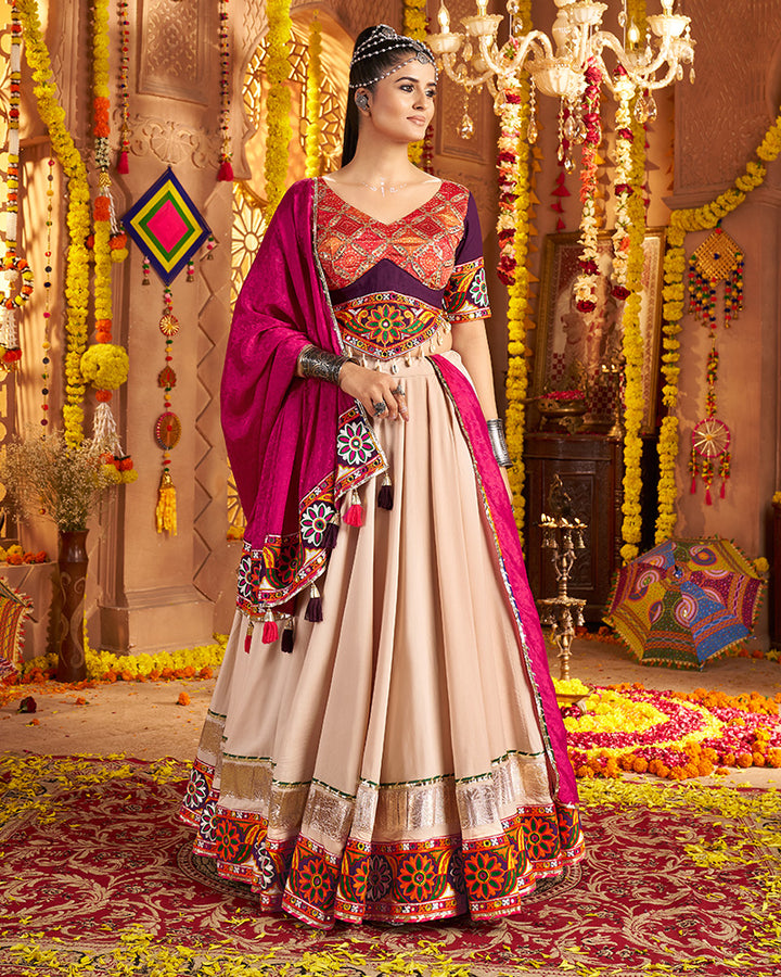 Beige and Maroon Navratri Lehenga Choli With Stunning Embroidery