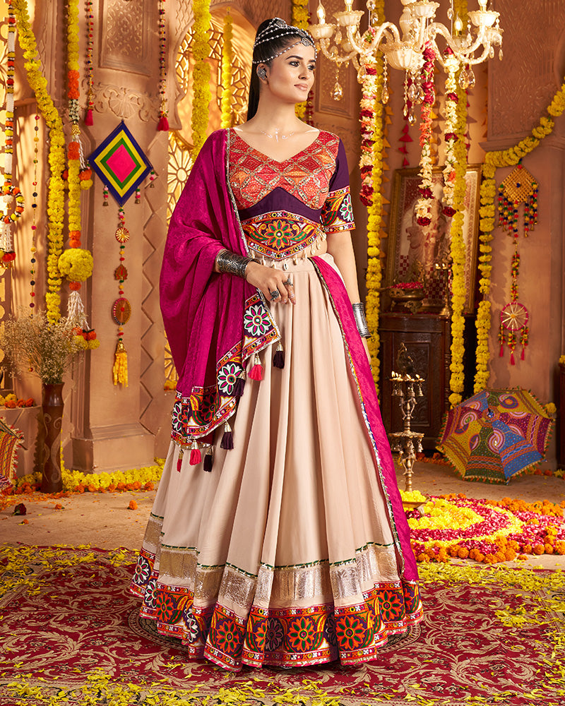 Beige and Maroon Navratri Lehenga Choli With Stunning Embroidery