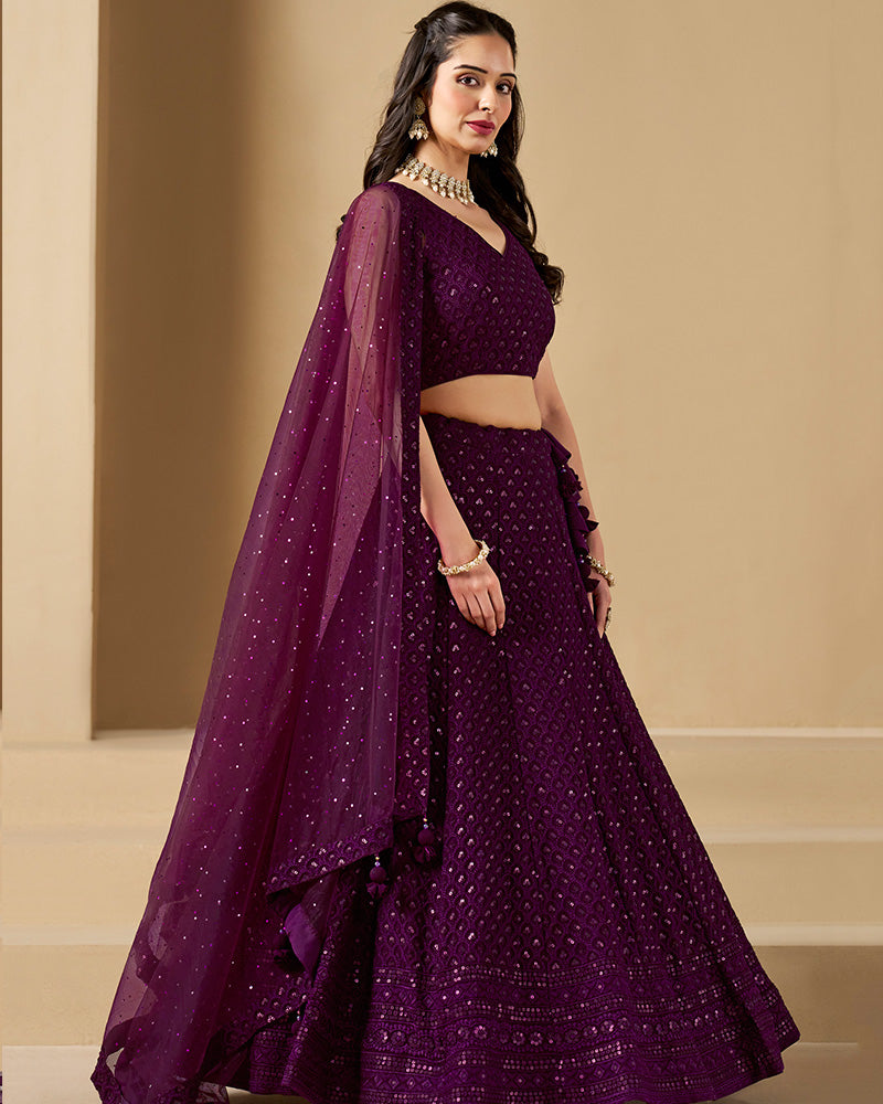 Wine Color Georgette Embroidered Lehenga Choli With Dupatta