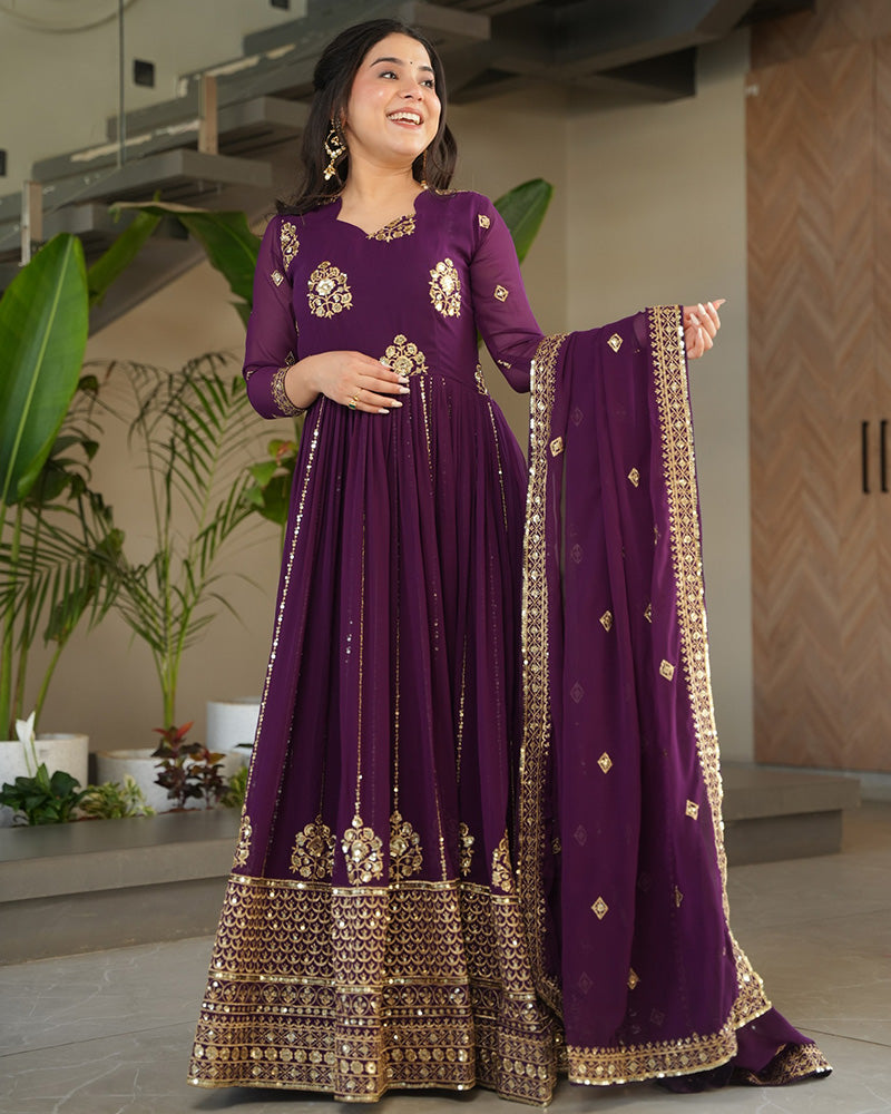 Royal Purple Color Designer Golden Embroidered Gown