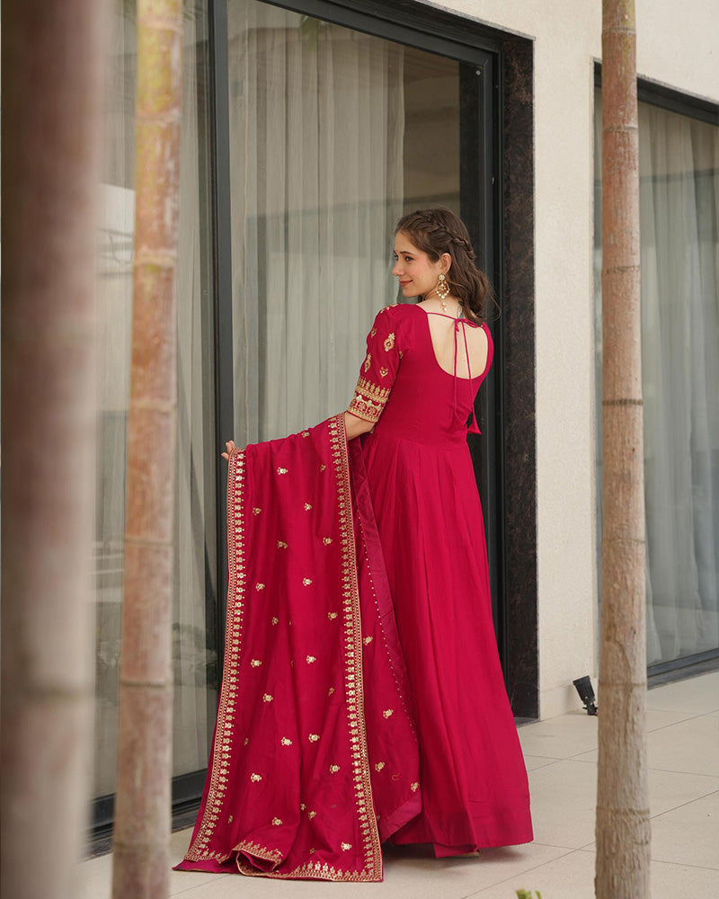 Rani Pink Color Vichitra Silk Embroidered Gown