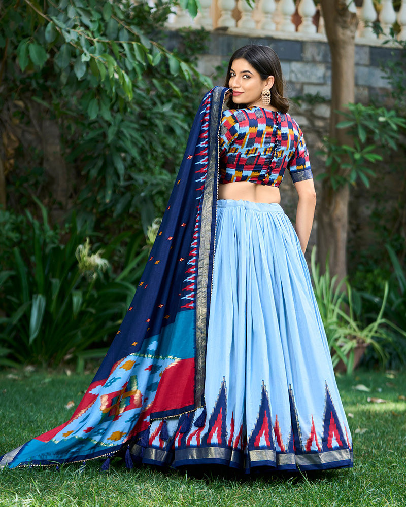 Sky Blue Color Tussar Silk Printed Navratri Lehenga Choli