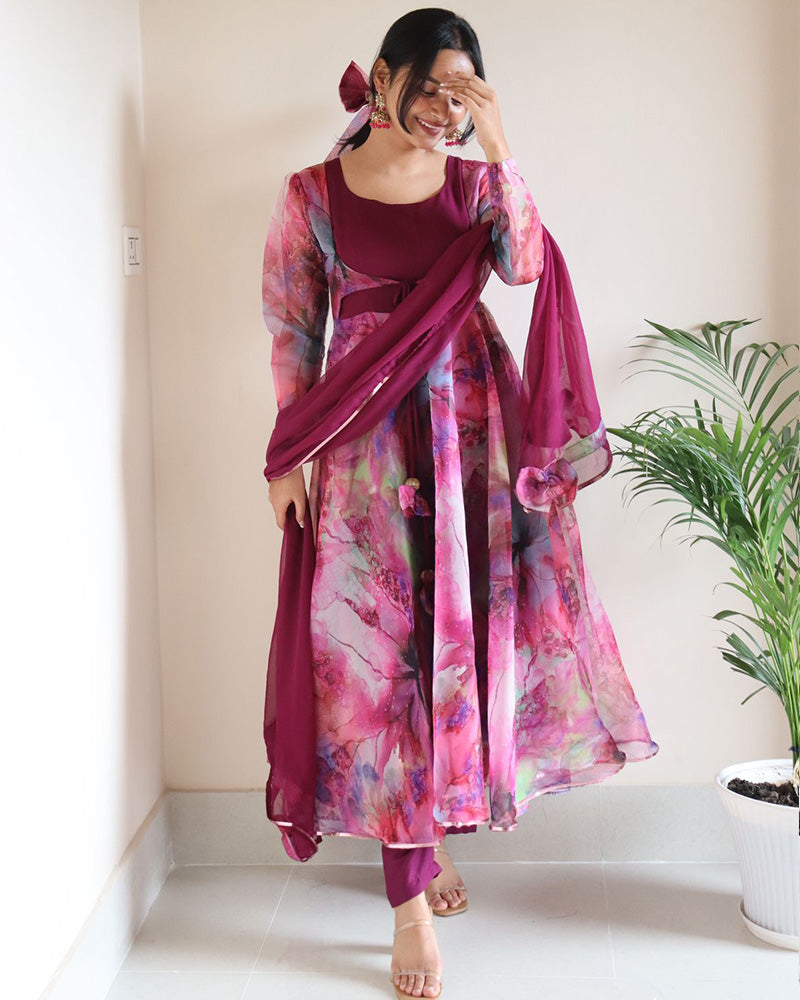 Rose Pink Color Digital Print Organza Three Piece Anarkali Suit