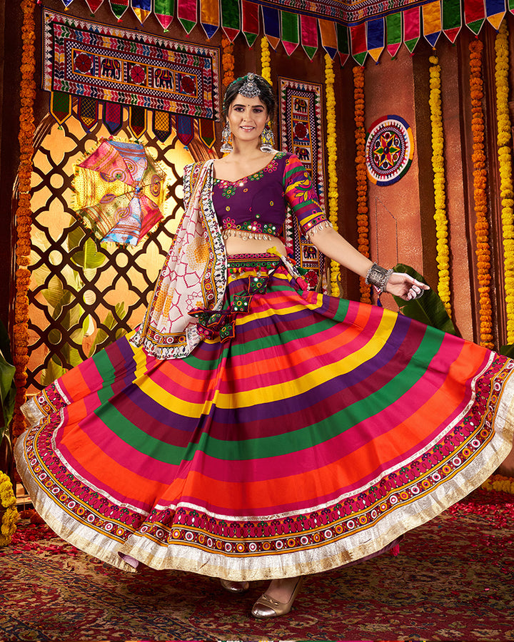 Vibrant Striped Maslin Cotton Rainbow Navratri Chaniya Choli