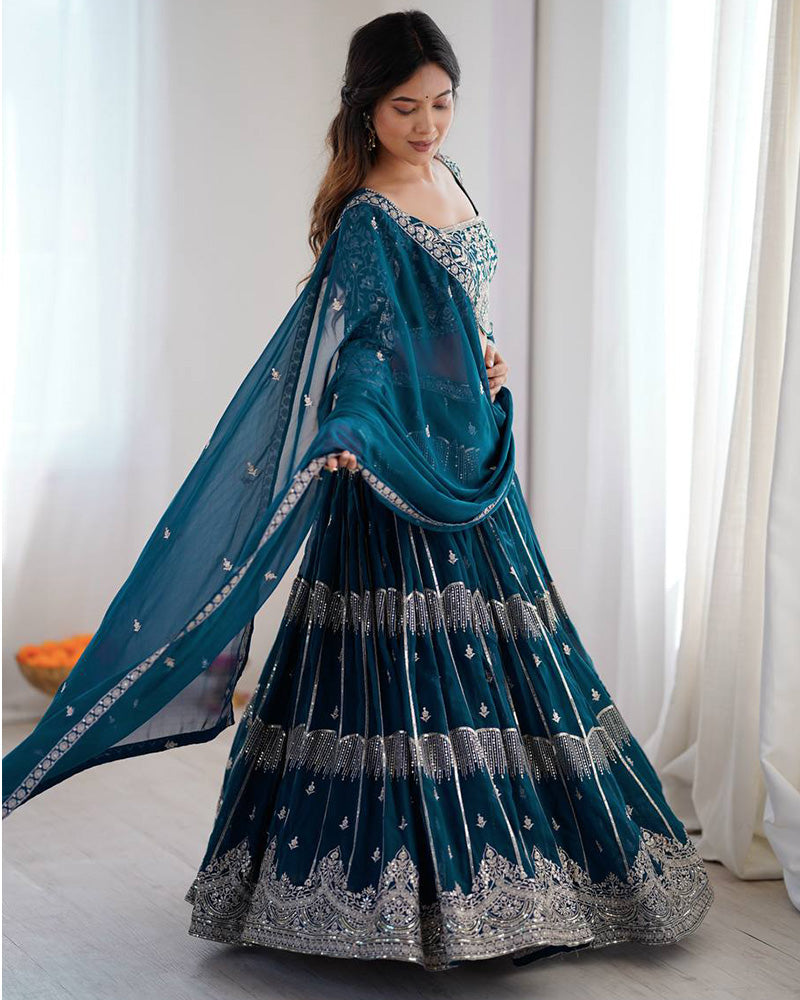 Teal Blue Color Faux Georgette Sequence Embroidered Lehenga Choli