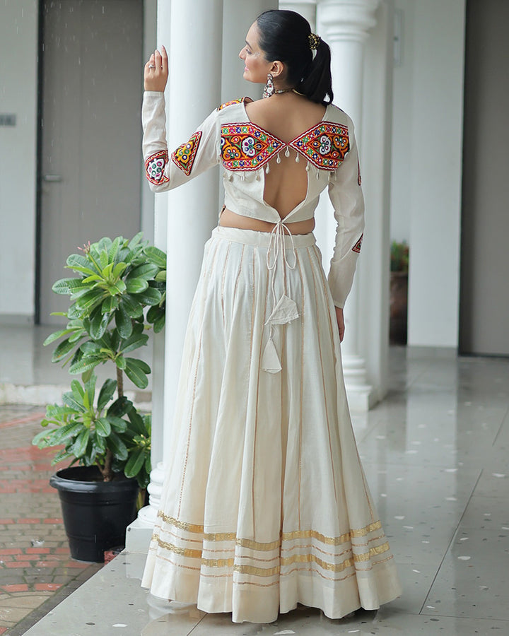 Elegant Off-White Kora Cotton Mirror Work Navratri Lehenga Choli