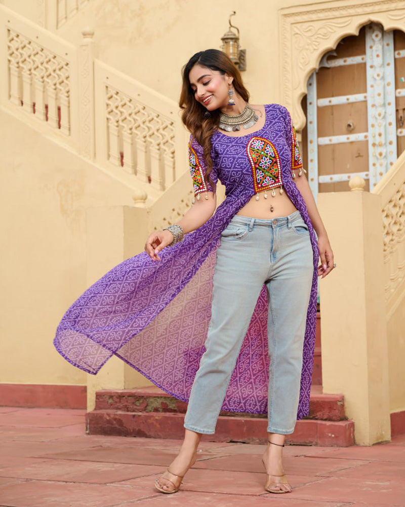 Purple Color Georgette Bandhani Print Navratri Kurti