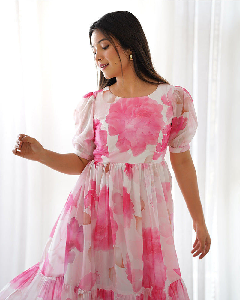 Baby Pink Color Floral Printed Organza Silk Tunic