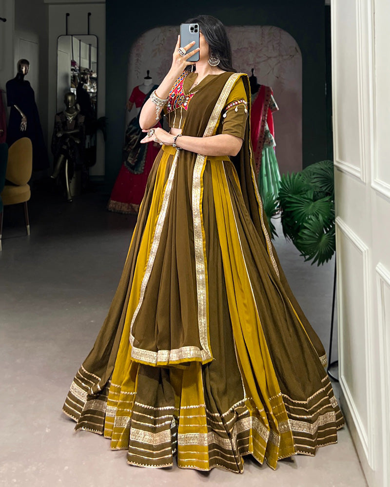 Mustard And Mehndi Color Rayon Navratri Lehenga Choli