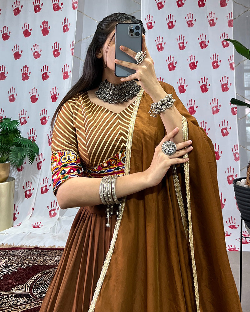 Brown Color Pure Chanderi Navratri Lehenga Choli