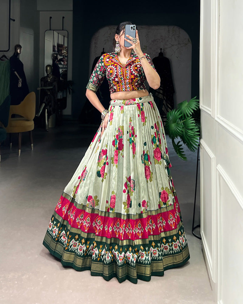 Green Color Tussar Silk Patola Printed Lehenga Choli