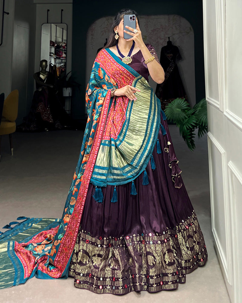Wine Color Gaji Silk Real Mirror Work Lehenga Choli