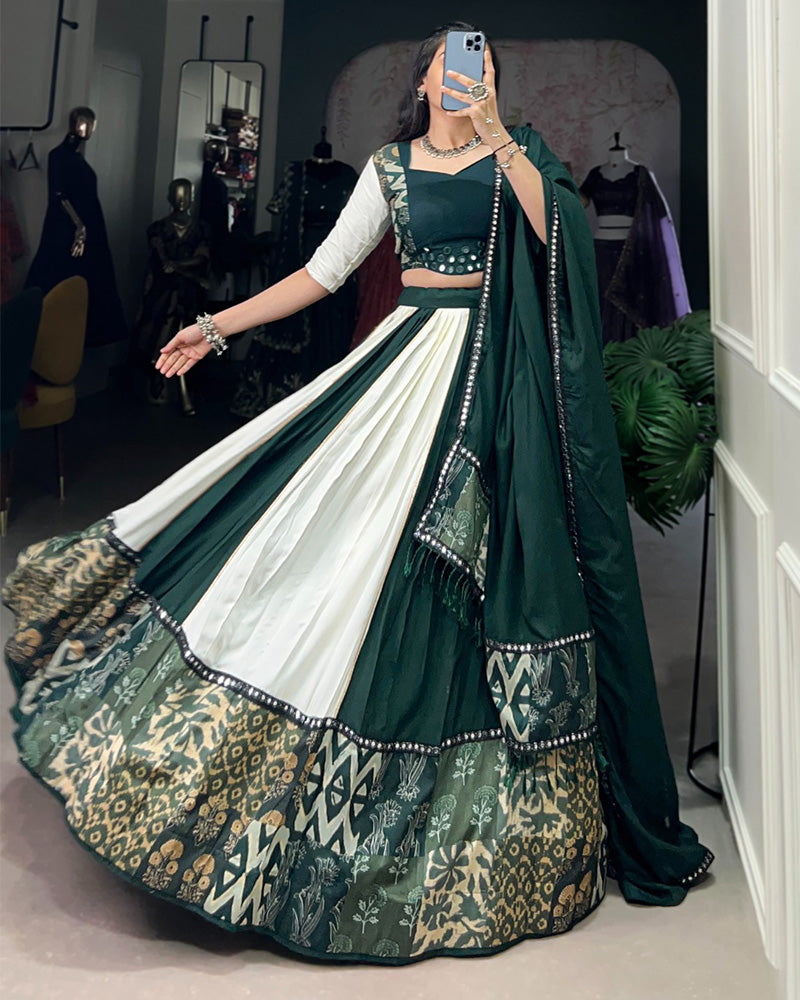 White And Green Color Rayon Navratri Lehenga Choli