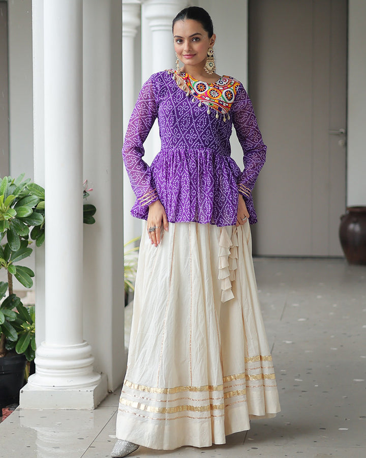 Purple Bandhani Style Peplum Choli With Kora Cotton Lehenga